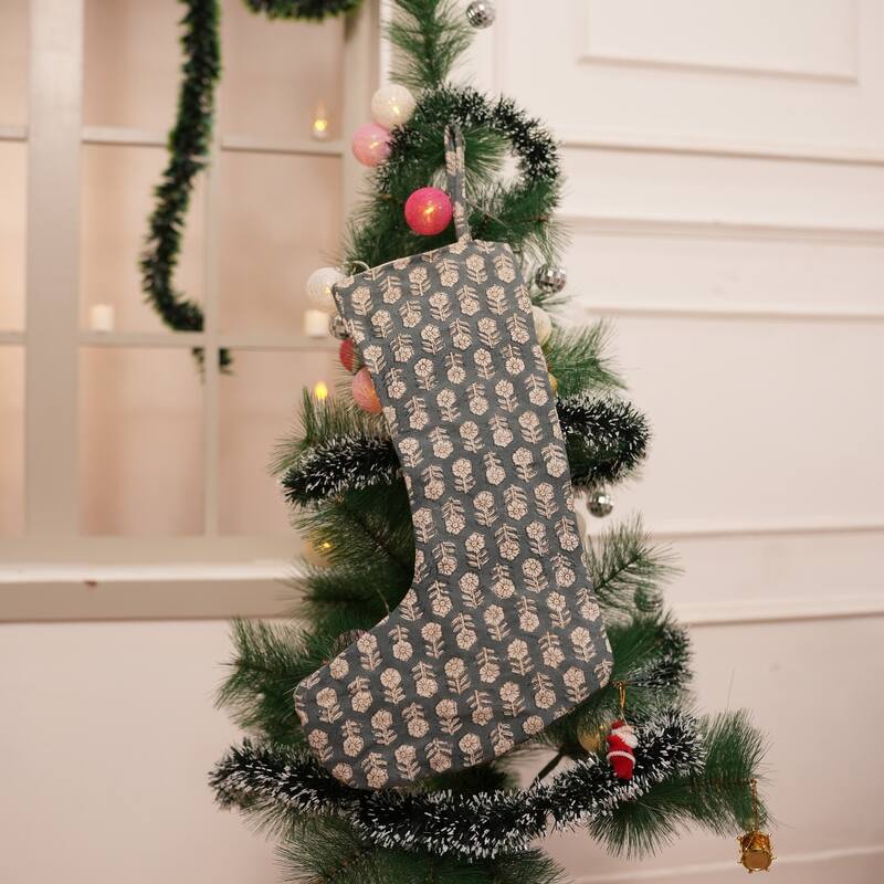 Fabdivine Handmade Christmas Stocking Floral Block Print 10X4.5 Inch Tassel Loop for Home Décor - 10"X4.5"