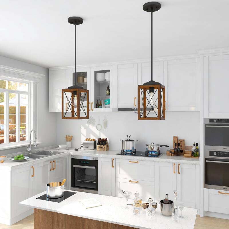 1-light pendant with black&Barnwood finish and steel cage shade