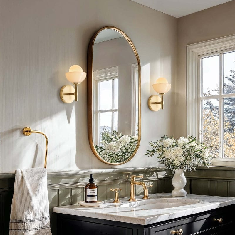 Ariel Armed Sconce - Metal, Glass & Gold, Ivory White 1-Light Wall Sconce for Bathroom or Hallway in Modern, Contemporary Style