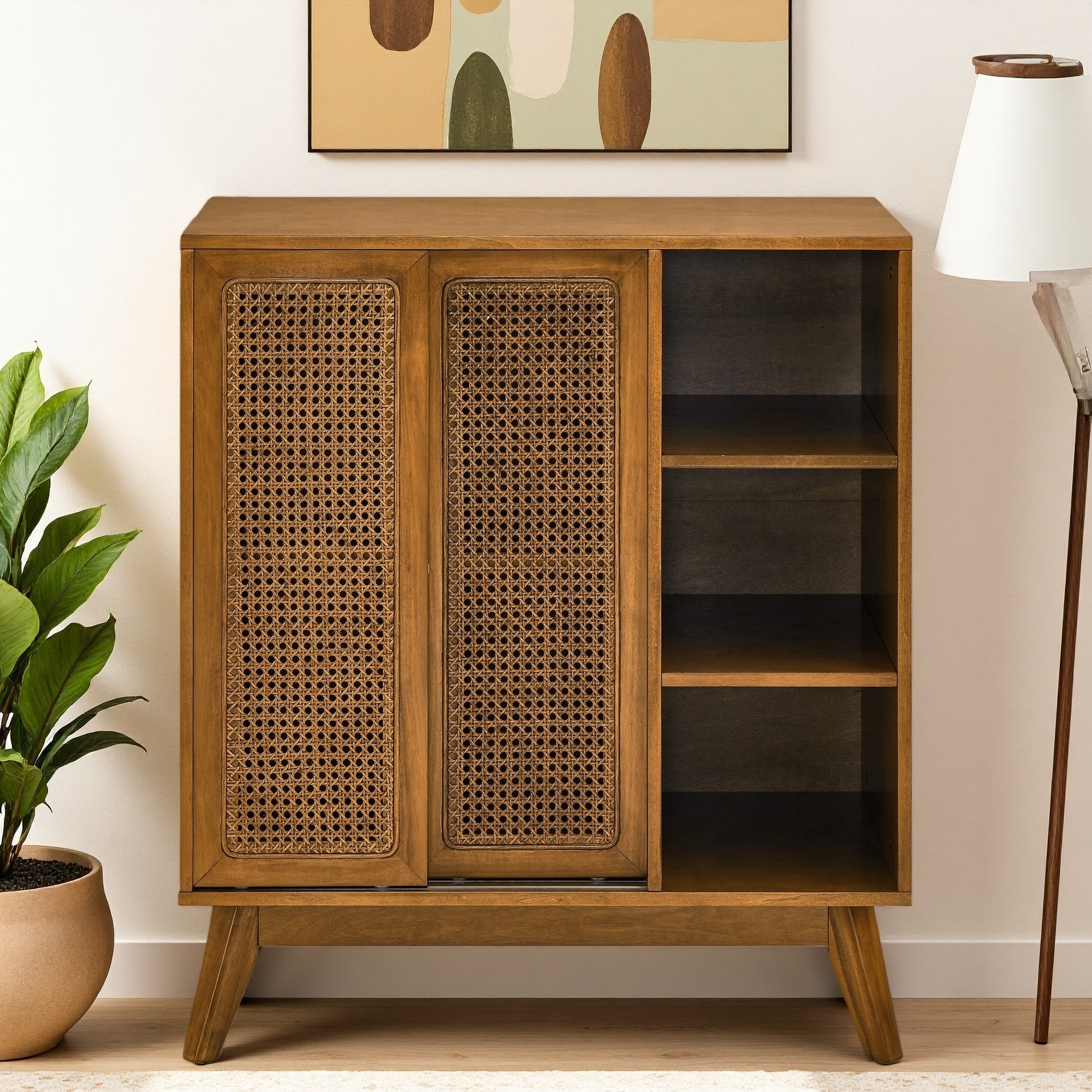 Mid Century Modern Rattan Sideboard Cabinet with Adjustable Shelves, Solid Wood Feet, Buffet Storage for Entryway, Living Room