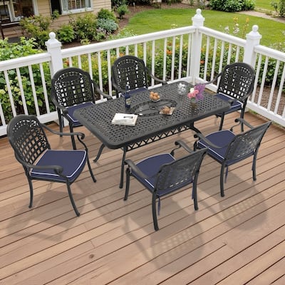 7-Piece Cast Aluminum Outdoor Dining Set with Rectangular Table and Seat Cushions