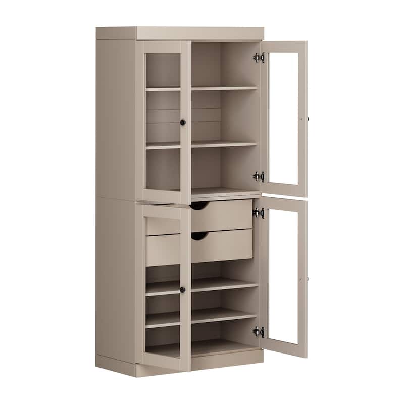 Palace Imports 100% Solid Wood Pantry Cabinet with Frosted, Clear Glass or Solid Doors, 2-Drawers and Adjustable Shelves