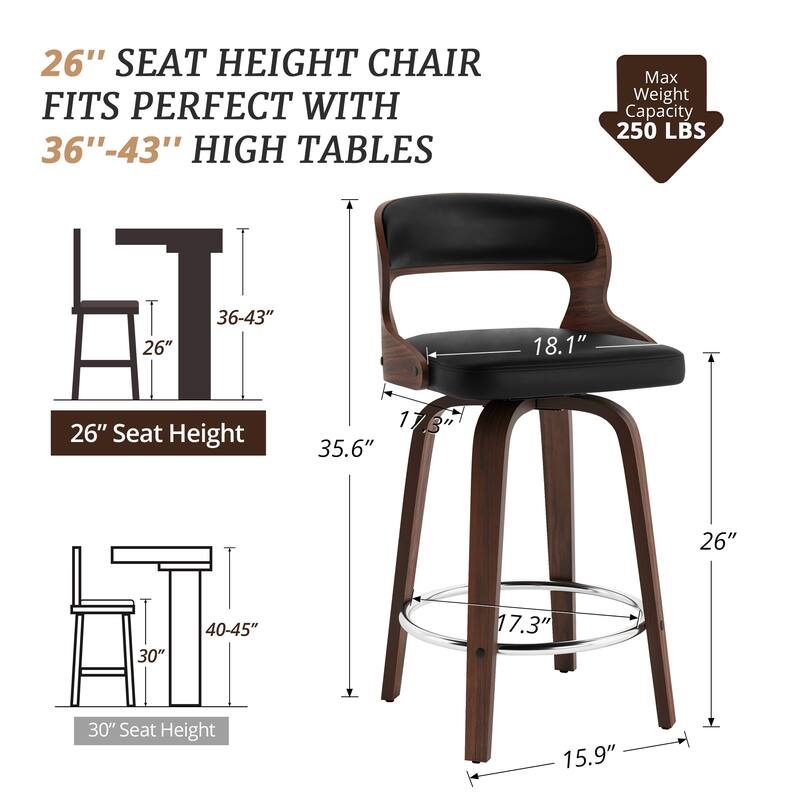 PU Leather 26in. Swivel Barstool Counter Height Low Back Solid Wood Stool for Kitchen Islands with Curved Backrest