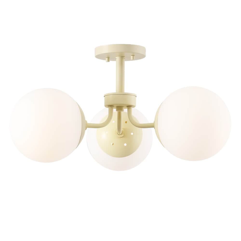 Ojai 23.5" 3-Light Bohemian Farmhouse Iron/Frosted Glass LED Semi Flush Mount, Brass Gold/White by JONATHAN Y
