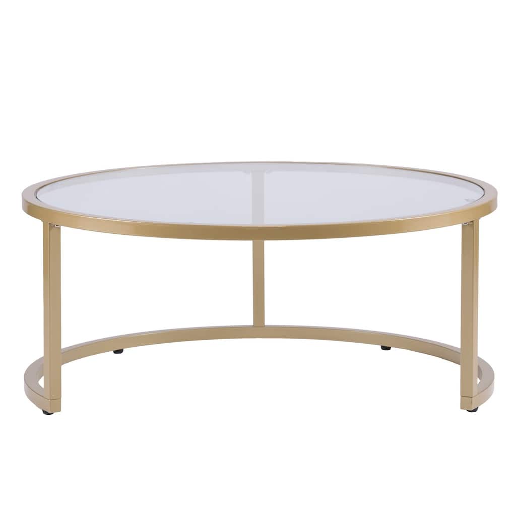 Set of Two Gold Glass Round Nested Coffee Tables - 14.75" H x 35.5" W x 35.5" D