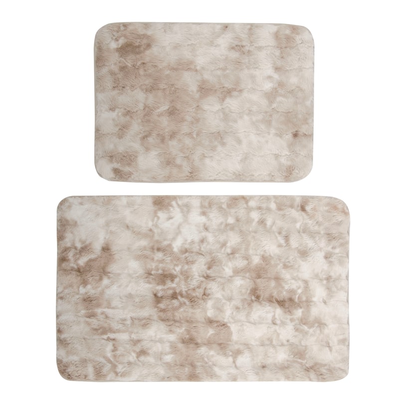 Green 2 Piece Striped Textured Ultra Soft Faux Fake Fur Rabbit Non-Slip Absorbent Bathroom Bath Mat Set