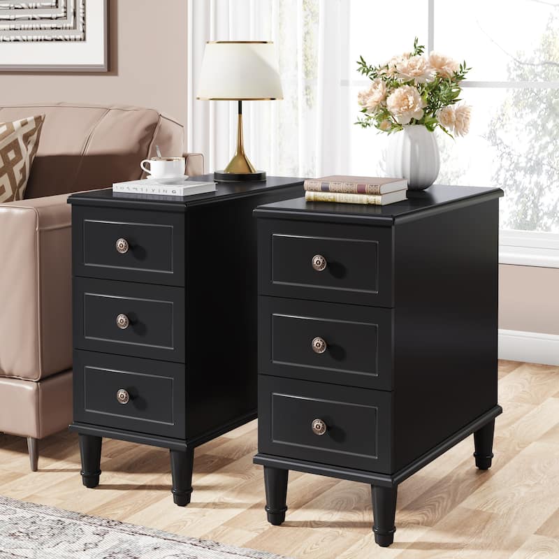 Solid Wood End Table with 3 Drawers, Fully Assembled Narrow Side Table - 2-Piece (Black)