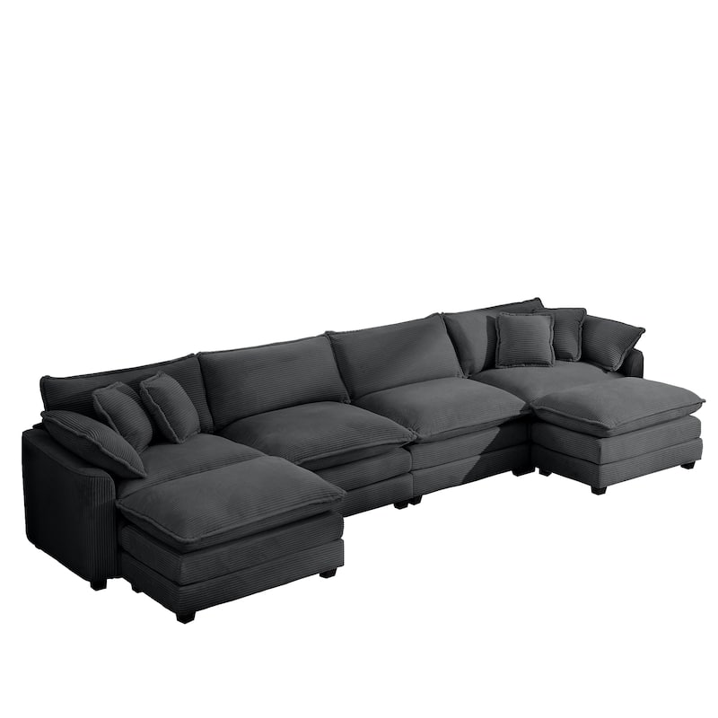 Grey 150" Corduroy Modular U-Shaped Sectional Sofa with 2 Ottomans