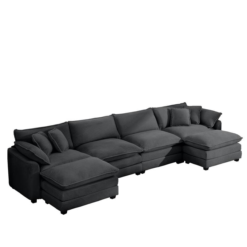 Modern Fabric 4 Seater Modular Sofa Set - Soft Upholstered U-Shape Corduroy Couch with 2 Ottomans for Living Room