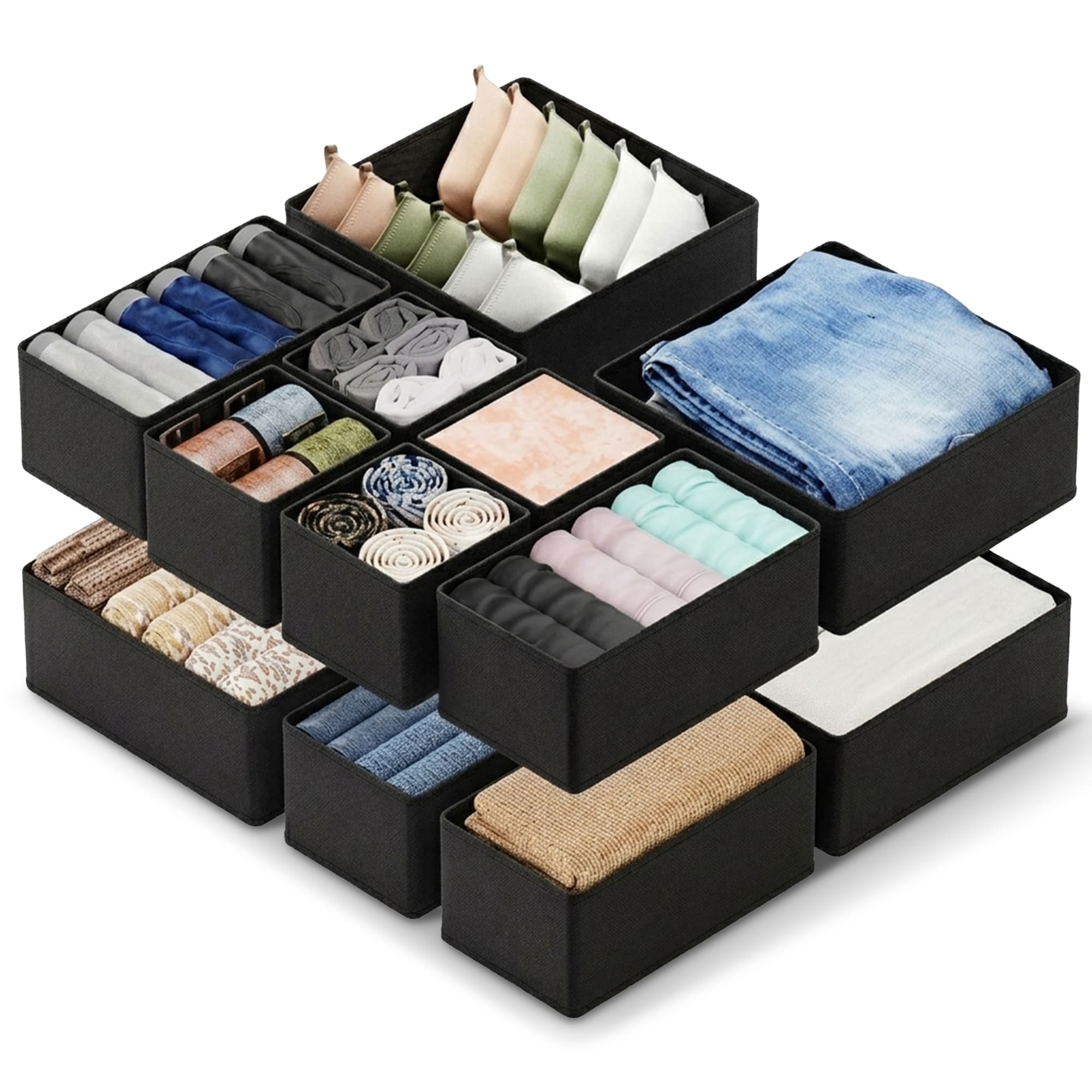 Cheer Collection 12-Piece Foldable Fabric Drawer Organizer Bin Set in 3 Sizes