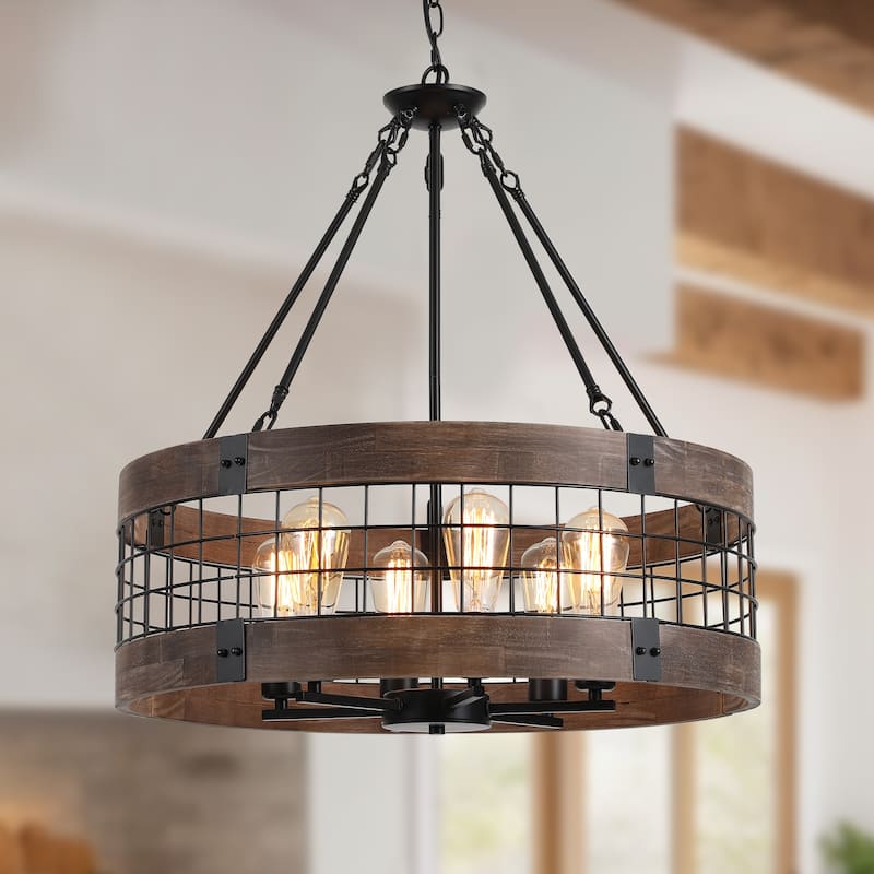 Modern Farmhouse Rustic 6-Light Wood Drum Chandelier for Dinning Room - Brown