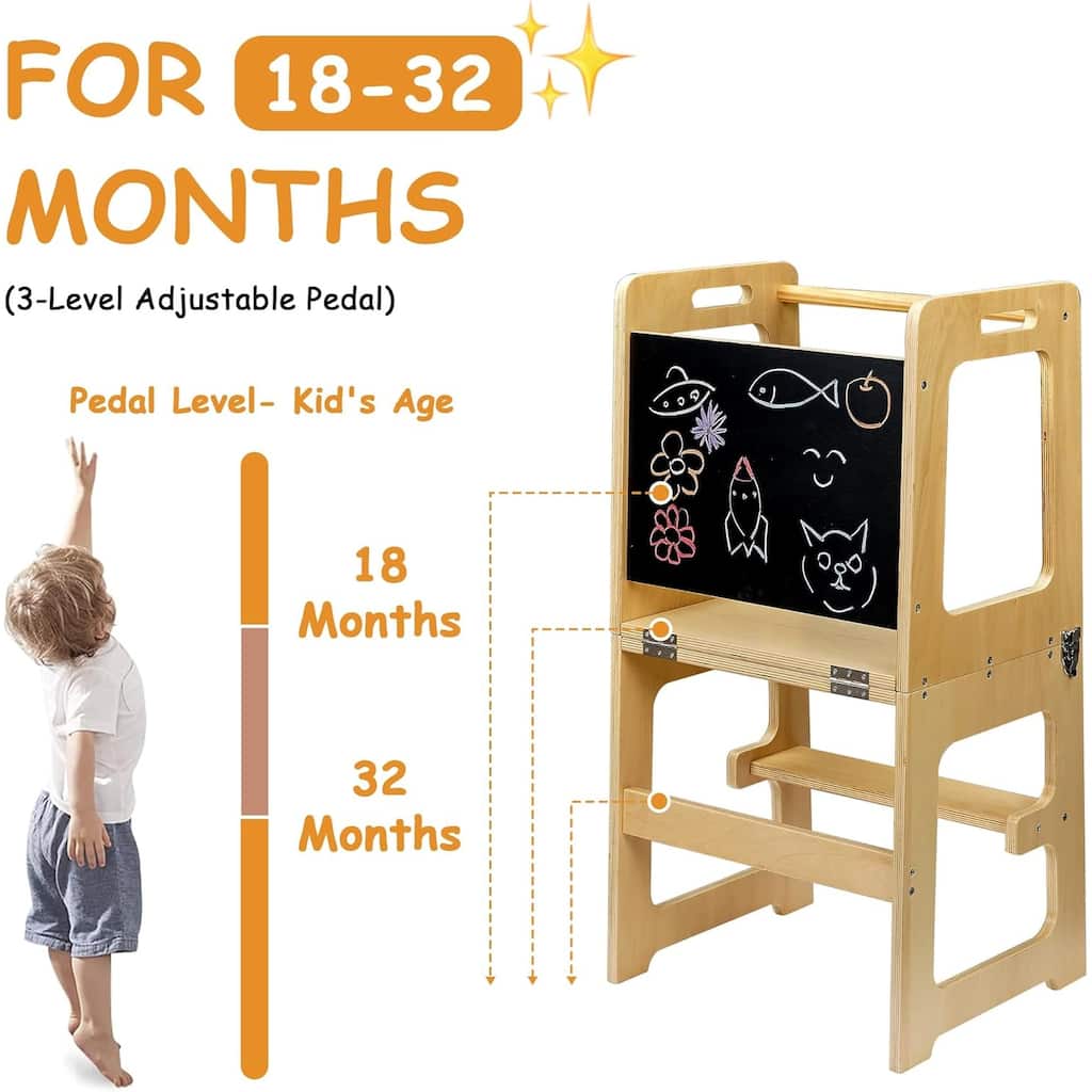 Javlergo Kitchen Kids Step Stool, Toddler Standing Tower with Chalkboard & Safety Rail, Natural - 18" x 16" x 36"