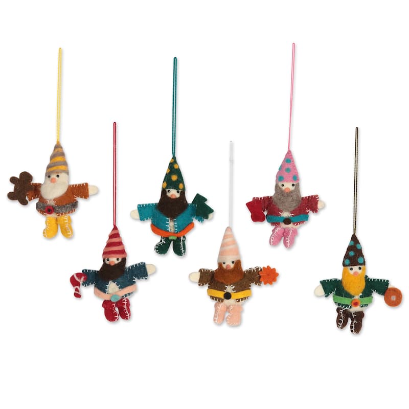 Novica Handmade Glad Tiding Gnomes Wool Ornaments (Set Of 6)