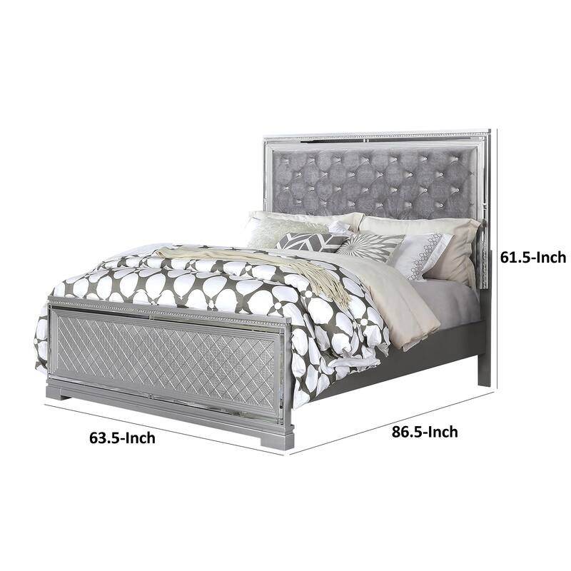 Fery Queen Size Bed, Gray Velvet Upholstery, Silver Mirror Accents