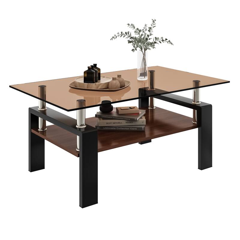 Rectangle Coffee Table, Tempered Glass Tabletop with MDF Layer, Modern Table for Living Room, Brown Glass
