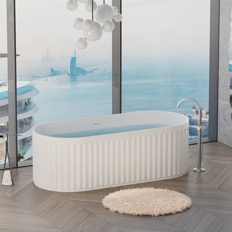 ABRUZZO 67" Freestanding Soaking Solid Surface Bathtub Stone Resin with Overflow and Pop-up Drain