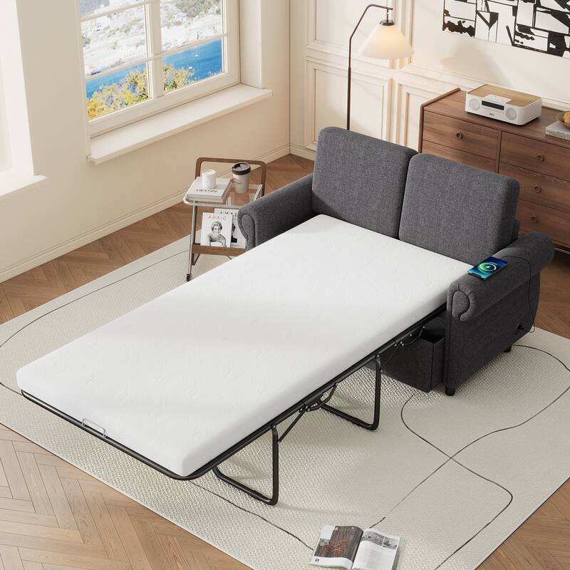 Roomfitters 57.9" Pull-Out Sleeper Sofa Loveseat with Twin Size Memory Foam Mattress, Two USB Charging Ports - Grey