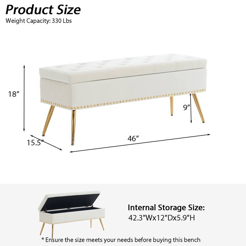 Velvet Storage Ottoman Bench with gold legs and Nailhead Trim for Bedroom/End of Bed/Entryway/Window