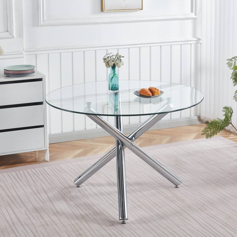 Dining Table with Metal Leg and Glass, Modern Space Saving Kitchen Table for Living Room - Chrome