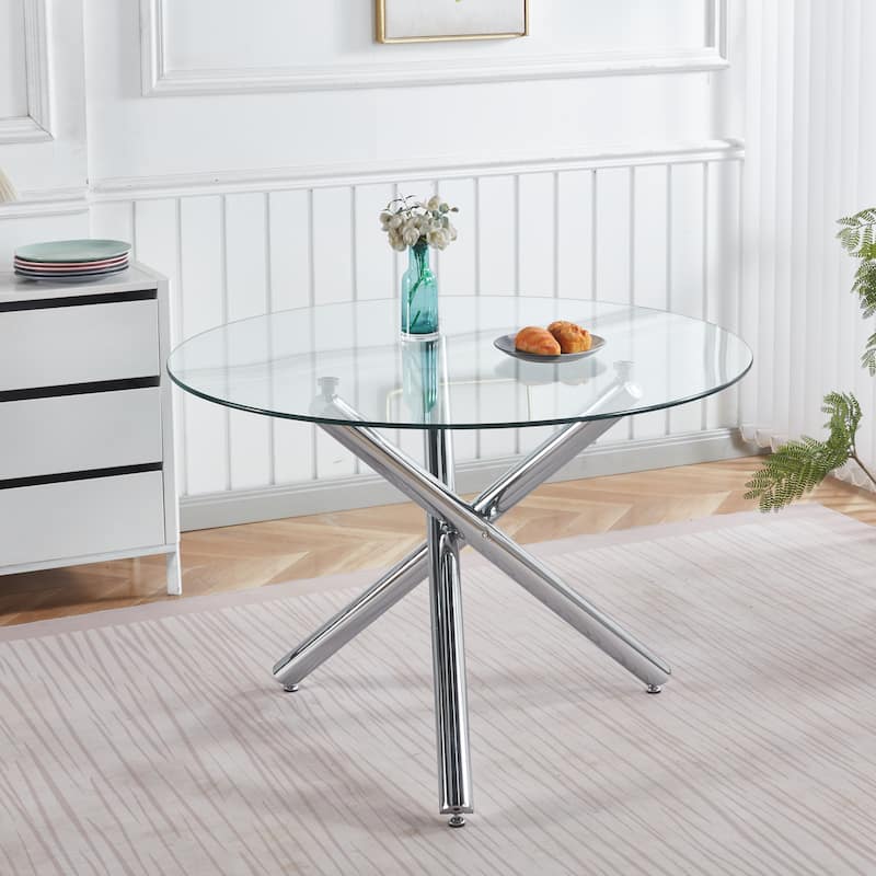 GDFStudio - Monteria Modern 43.31" Tempered Glass Top Dining Table with Chrome Metal Base - 43.3"L - Chrome