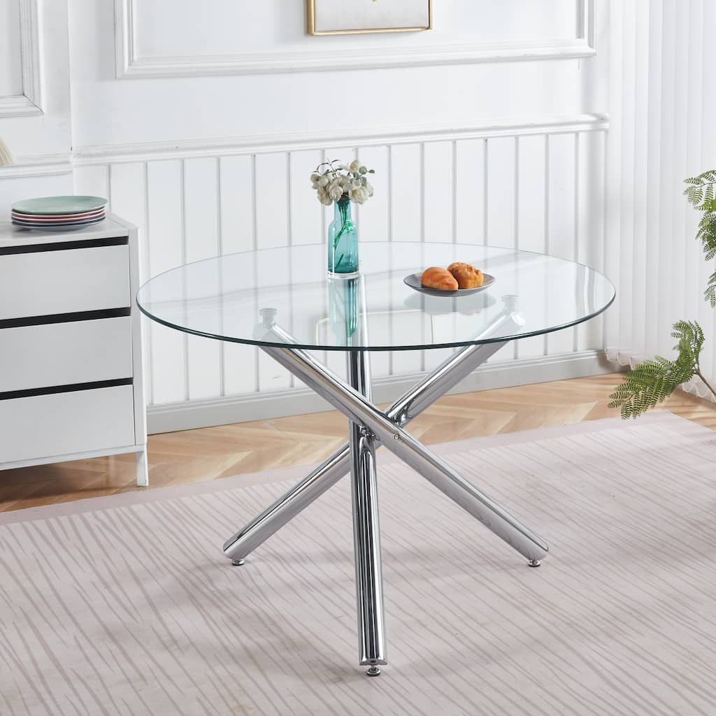 GDFStudio - Monteria Modern 43.31" Tempered Glass Top Dining Table with Chrome Metal Base