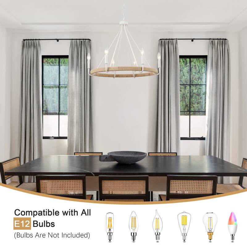 6-Light Candlestick Wagon Wheel Chandelier Hemp Rope Linear Chandelier Lighting Fixture for Kitchen Island