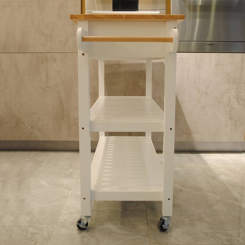 Anmytek Mobile Kitchen Island with Rubber Wood Top, 2 Drawers & Lockable Wheels, Simple Storage Kitchen Cart