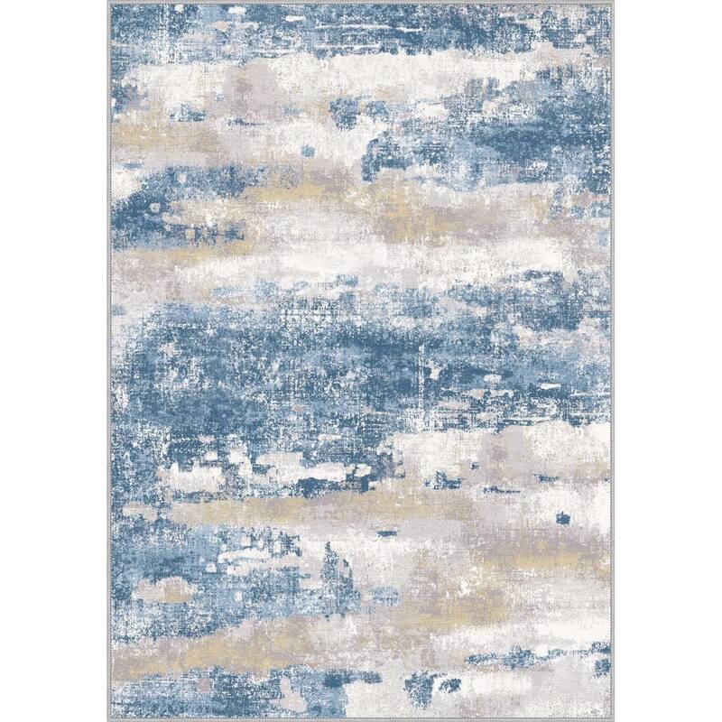 Mcow Modern Abstract Blue & Cream Low-Pile Area Rug