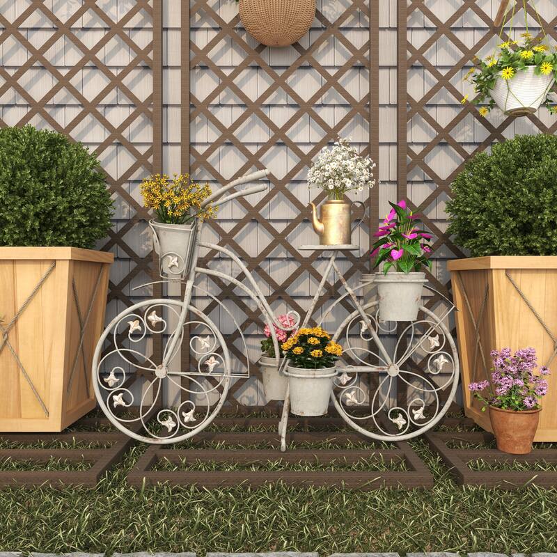 Gray Metal Distressed Indoor Outdoor Scroll 3 Tier Bike Indoor Outdoor Plantstand with Fleur De Lis Wheels