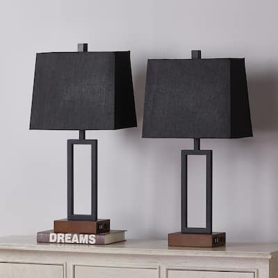 Black Table Lamp with Charging Ports Dimming Switch (Set of 2) - 12'' x 6.5'' x 23.5'' (L x W x H)