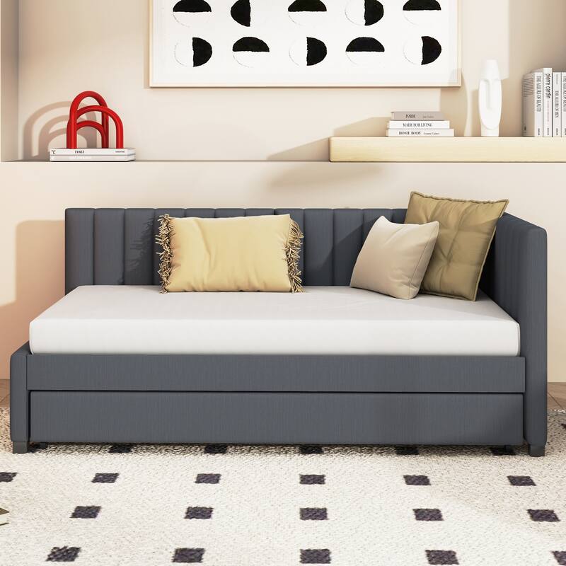 Linen Upholstered Daybed with Trundle, Twin Size Sofa Bed Frame, Space-Saving