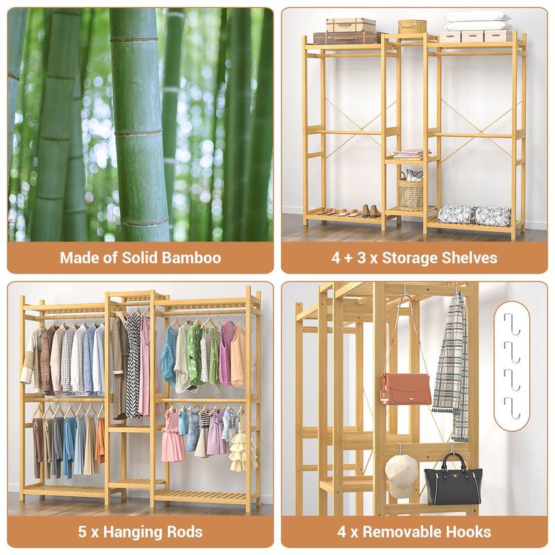 Bamboo Closet System Clothes Rack, Large Freestanding Garment Rack Clothing Rack for Hanging Clothes
