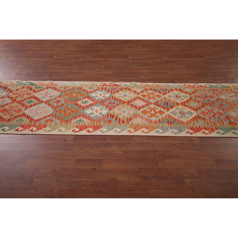 Geometric Kilim Oriental Runner Rug Hand-Woven Wool Carpet - 2'9"x 16'4"