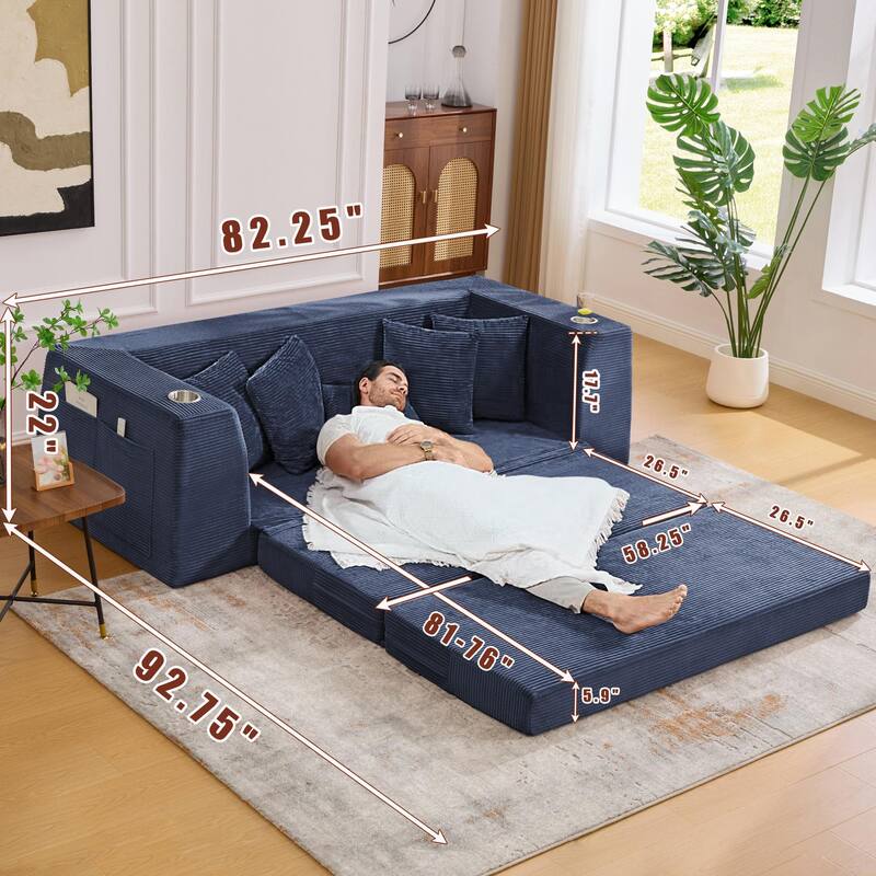 Modern Convertible Loveseat Sofa Bed, Corduroy Fabric Foldable Floor Couch w/5 Pillows, Side Pockets & Cup Holders, No Assembly