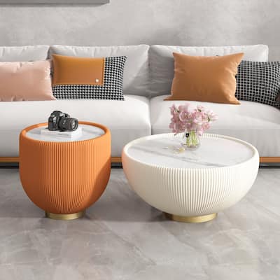 Modern Leather Side Table Accent Table with Brass Base, Round Drum Table Coffee Table with Marble Top
