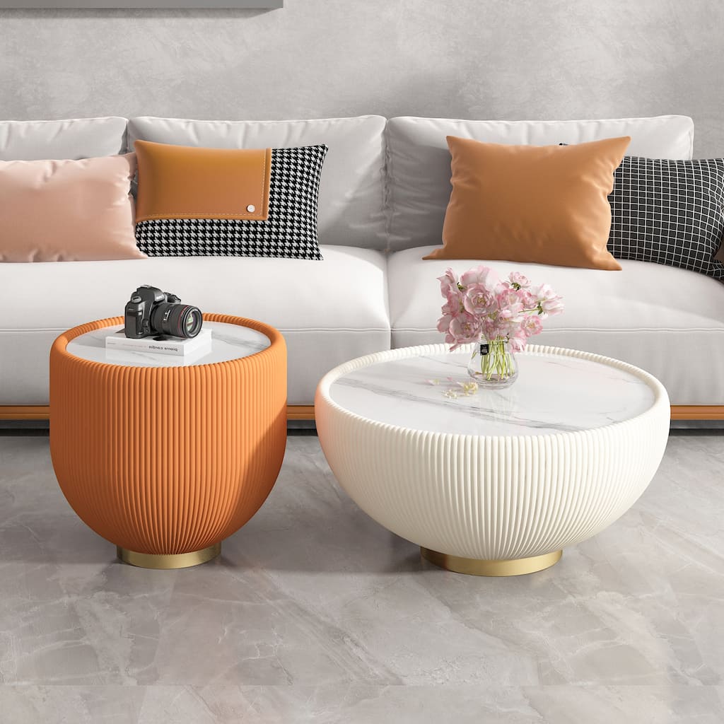 Modern Leather Side Table Accent Table with Brass Base, Round Drum Table Coffee Table with Marble Top