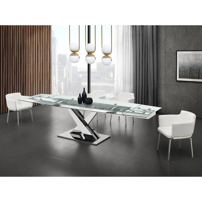 X Base Manual Dining Table with Stainless Base and Clear Top
