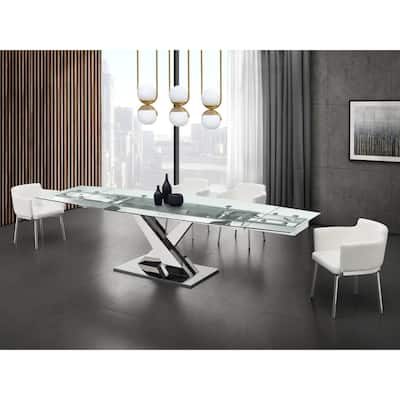 X Base Manual Dining Table with Stainless Base and Clear Top