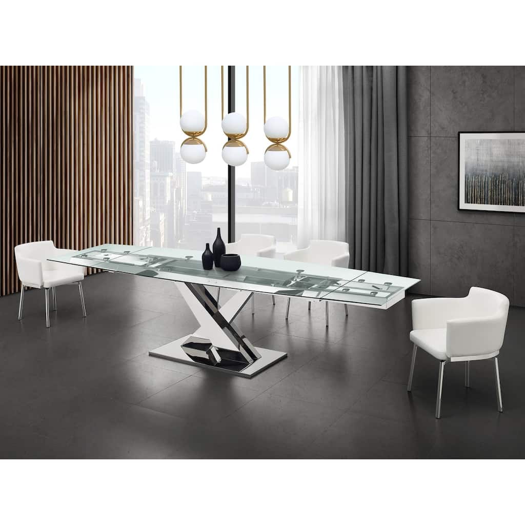 X Base Manual Dining Table with Stainless Base and Clear Top