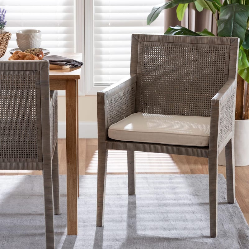 Karis Rattan Dining Chair - Handwoven Wicker Armchair with Mahogany Wood, Coastal Boho Style Indoor Seating