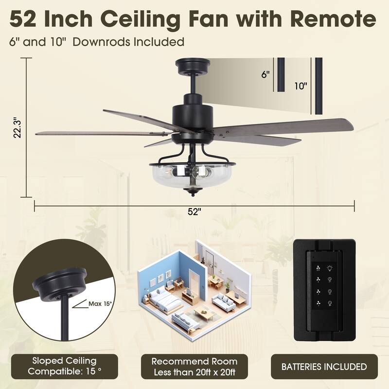 52-in Farmhouse Brown Glass Shade 5-Blade Reversible Ceiling Fan with Light Kit and Remote - 52 Inches