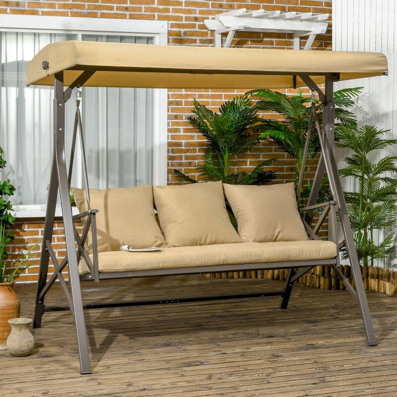 Outsunny 3-Seat Patio Swing Chair, Outdoor Canopy Swing Glider with Cushion with 3 Throw Pillows & Adjustable Shade for Porch - Khaki