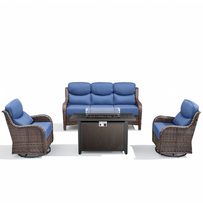 Arcadia 4-Piece PE Wicker Patio Seating Set with Durable All-Iron Fire Pit and 6-Inch Cushions