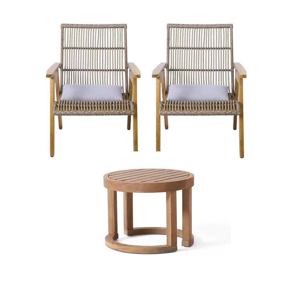 Outdoor 3 Piece Acacia Wood Conversation Set with 2 Woven Wicker Lounge Chairs and 18" Solid Side Table
