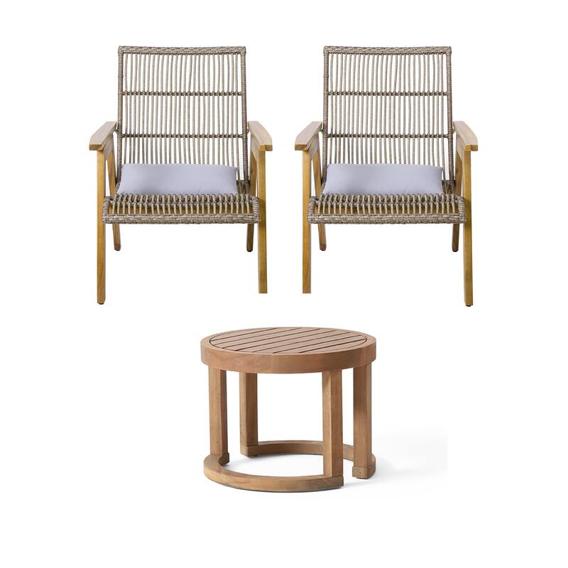 Roomfitters 3-Piece Outdoor Acacia Wood Lounge Set with Wicker Chairs and Side Table for Patio or Deck, Teak