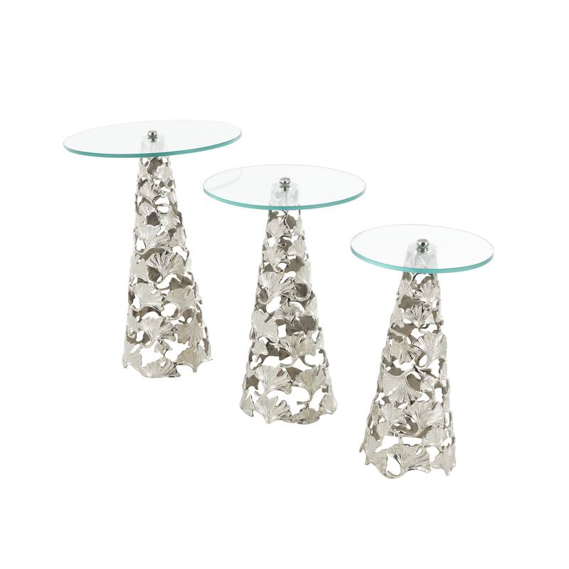 Gold or Silver Aluminum Metal Cutout Cone Shaped Floral Side End Accent Table with Tempered Glass Tabletop (Set of 3)