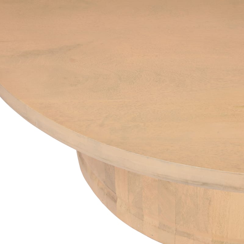 Bela Coffee Table 47 Inch Round Top Handcrafted Beige Mango Wood Pedestal Base