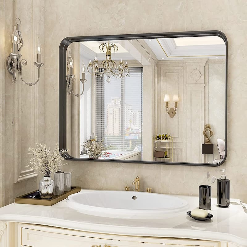 Wide Edge Wall Mirror Rectangle Bathroom Metal Frame Vanity Mirror - 30x48 - Black