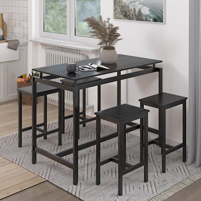 5-Piece Dining Table Set for 4 - Black Bar Table & 4 Stools, Counter Height, Small Space