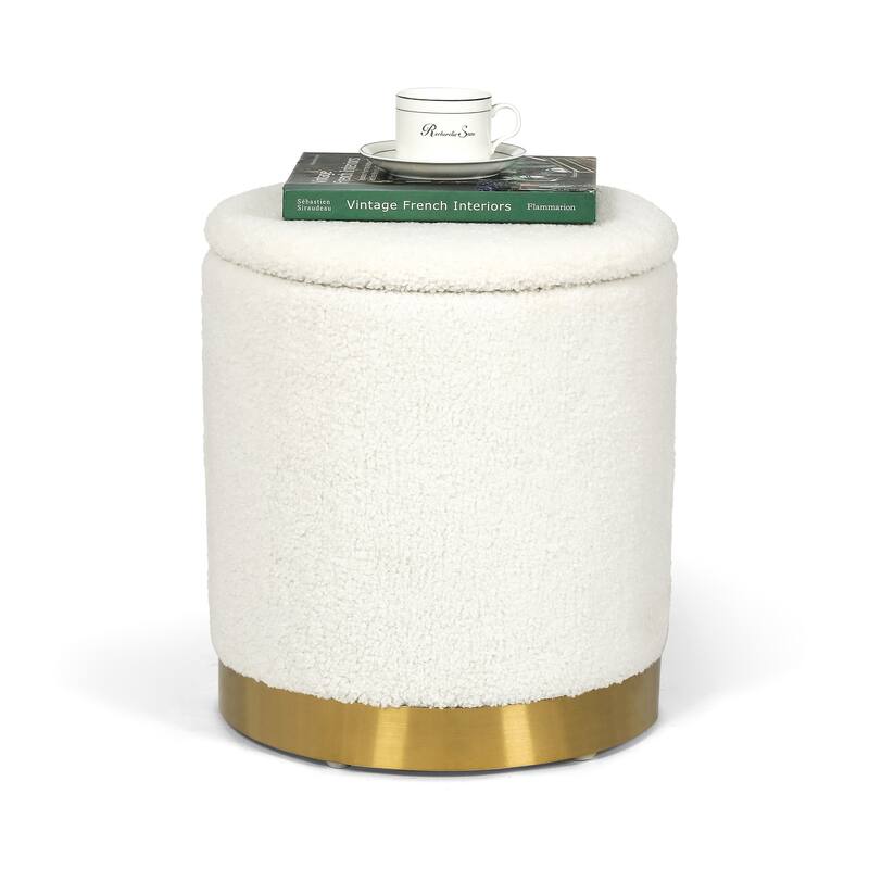 Adeco Velvet Round Storage Stool Gold Plating Base Storage Ottoman